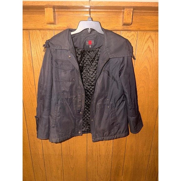 Gallery Petite Jackets & Blazers - Gallery Petite Black Utility Jacket Quilted Lining Hooded Zip Snap PM